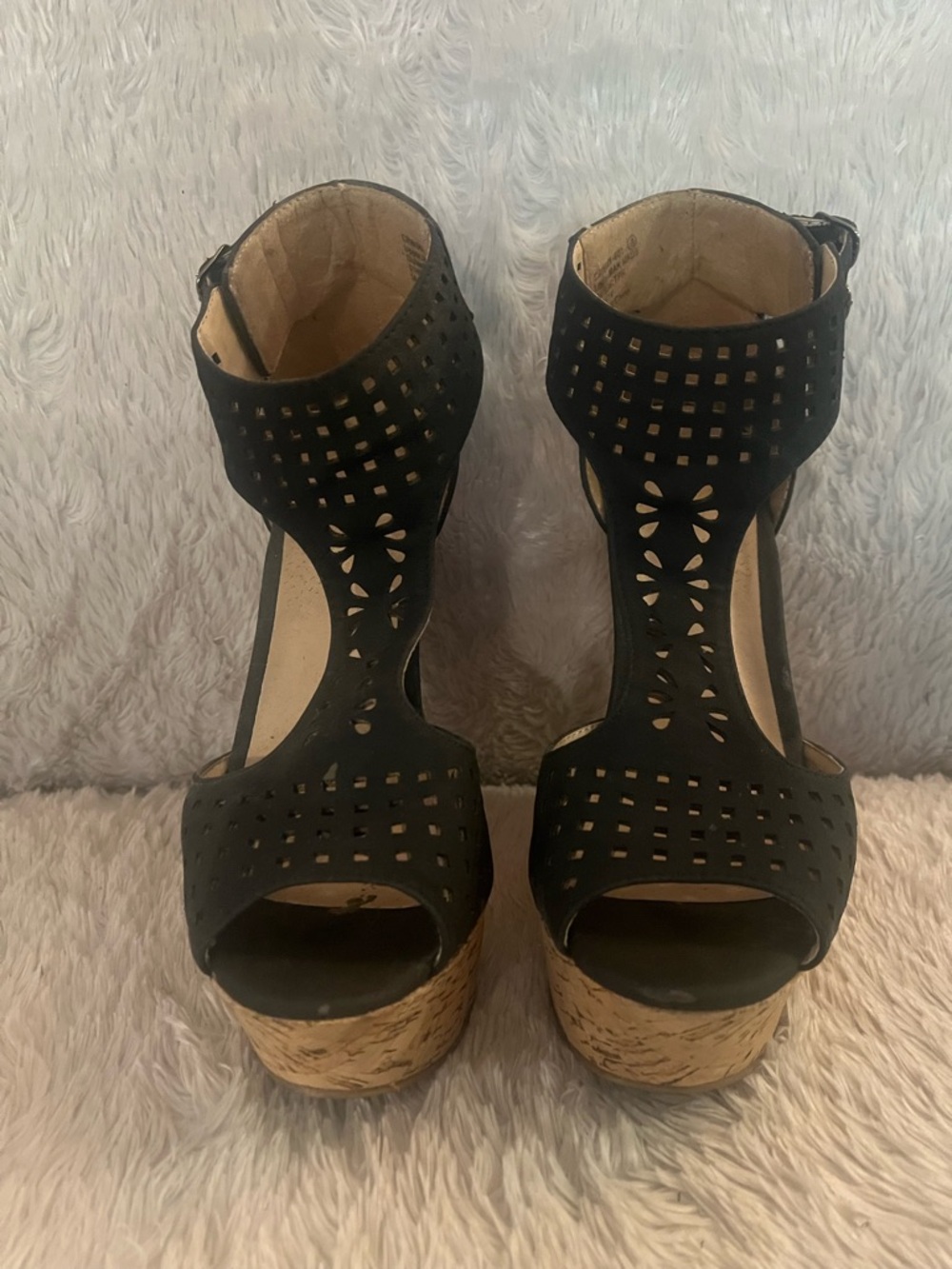 Charlotte Russe Black Laser-Cut Cork Wedge Sandals